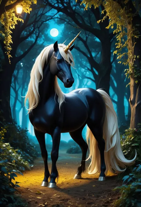 (medium full shot) of (pure graceful unicorn), blue eyes, midnight black sleek coat, twisted horn, silky mane, golden hoofs, set in a vibrant magical grove, featuring lush foliage, curious creatures, a lively atmosphere, under the moonlight, ,Masterpiece,best quality, raw photo, realistic, very aesthetic, dark