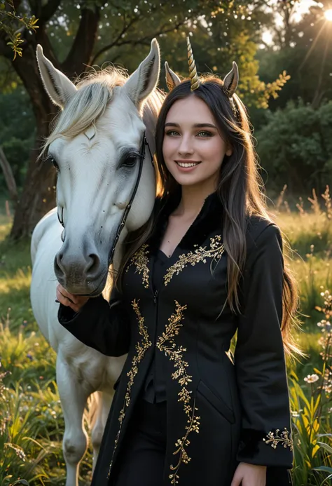 (medium full shot) of (mystical ethereal unicorn), Silver eyes, midnight black sleek coat, short horn, straight mane, golden hoofs, set in a hidden mystical meadow, with secluded nooks, soft light, an air of mystery, at dawn, woman smiling, ,Masterpiece,best quality, photo, realistic, very aesthetic, detailed face,