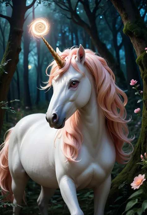 (medium full shot) of (pure ethereal unicorn), hazel eyes, soft peach shimmering coat, spiral horn, silky mane, magical rune markings delicate flowers, set in a vibrant enchanted forest, featuring glowing flora, curious wildlife, a lively ambiance, under the moonlight, ,Masterpiece,best quality, raw photo, realistic, very aesthetic