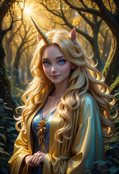 (medium full shot) of (enchanting slender unicorn), dark Blue eyes, golden yellow iridescent coat, twisted horn, thick mane, flowing ribbons, set in  a hidden fairy glade, with secluded nooks, soft light, an air of mystery , during a sunset, woman smiling, ,Masterpiece,best quality, raw photo, realistic, very aesthetic