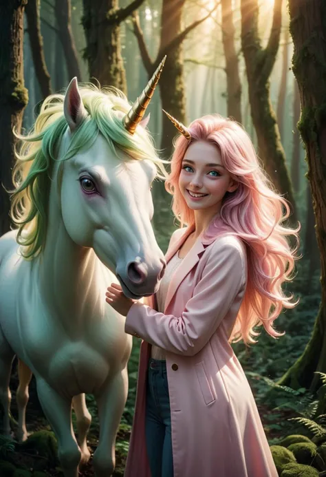 (medium full shot) of (enchanting slender unicorn), light green eyes, pastel pink silky coat, twisted horn, flowing mane, golden hoofs ethereal glow, set in a dense enchanted forest, with towering trees, magical creatures, shafts of sunlight, during a sunset, woman smiling, ,Masterpiece,best quality, raw photo, realistic, very aesthetic