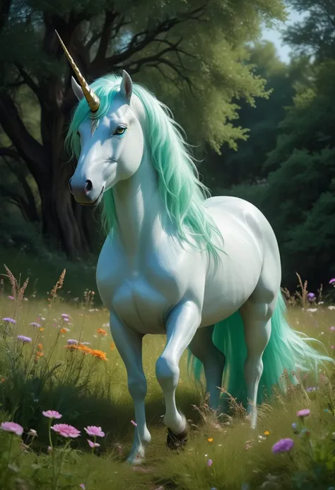 (medium full shot) of (graceful graceful unicorn), light Blue eyes, mint green silky coat, glowing horn, silky mane, magical rune markings, set in an enchanted meadow, with colorful flowers, tall grasses swaying in the breeze, a sense of peace and beauty, ,Masterpiece,best quality, raw photo, realistic, very aesthetic, dark