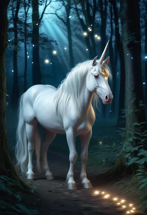 (medium full shot) of (ethereal delicate unicorn), heterochromia eyes, sky blue shimmering coat, long horn, straight mane, jeweled collar, set in a moonlit forest, where the trees cast long shadows on the ground, the glow of fireflies illuminates the fairy paths, under the moonlight, ,Masterpiece,best quality, raw photo, realistic, very aesthetic