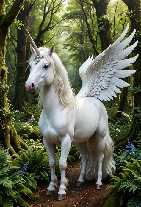(medium full shot) of (radiant winged unicorn), blue eyes, pure white silky coat, long horn, silky mane, jeweled collar, set in a sprawling enchanted forest, with vast greenery, hidden pathways, a sense of wonder, ,Masterpiece,best quality, photo, realistic, very aesthetic