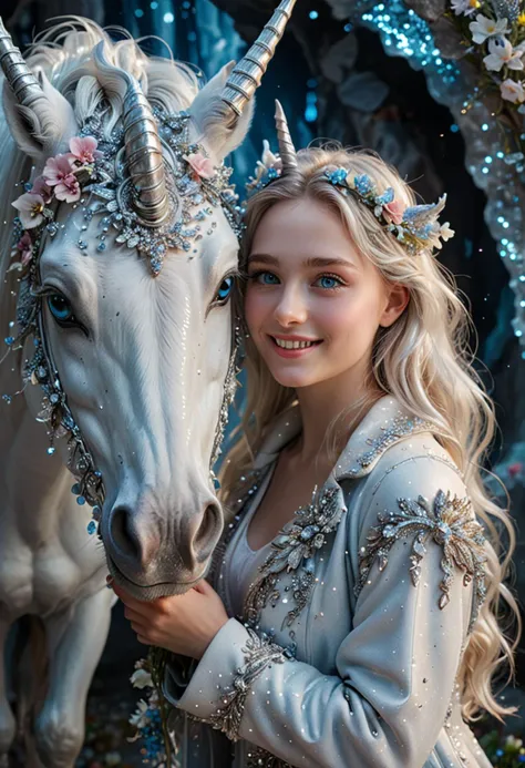 (medium full shot) of (majestic delicate unicorn), light Blue eyes, moonlit silver sparkling coat, long horn, glittering mane, delicate flowers, set in  a spacious crystal cave, with glittering crystals, soft blue light, a serene atmosphere, during a sunset, woman smiling, ,Masterpiece,best quality, photo, realistic, very aesthetic, detailed face,