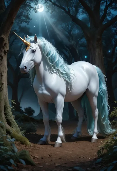 (medium full shot) of (pure delicate unicorn), rainbow eyes, sky blue silky coat, long horn, glittering mane, jeweled collar, set in an ancient magical grove, with towering trees, mysterious markings, a sense of history, under the moonlight, ,Masterpiece,best quality, raw photo, realistic, very aesthetic, dark