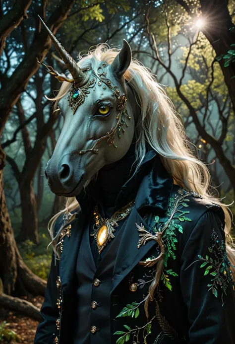 (medium full shot) of (majestic delicate unicorn), olive green eyes, midnight black bioluminescent coat, glowing horn, silky mane, jeweled collar, set in an ancient magical grove, with towering trees, mysterious markings, a sense of history, under the moonlight, ,Masterpiece,best quality, photo, realistic, very aesthetic