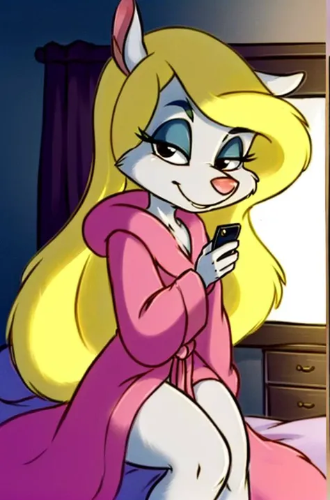 1girl, MinervaMinkCzar,(furry, furry female, full body), (animal ears, long tail, blonde tail, snout, swept bangs, long hair, blonde hair, makeup, black eyes, blue eyeshadow), (pink robe, fur trim \(clothing\), on front, holding phone, talking on phone, on bed, seductive), (indoors, bedroom, bed, vanity mirror), (masterpiece:1.2), hires, (detailed face:1.2), (detailed eyes:1.2), perfect skin, ultra-high resolution, 8K, high quality, (sharp focus:1.2), clean, crisp, cinematic,