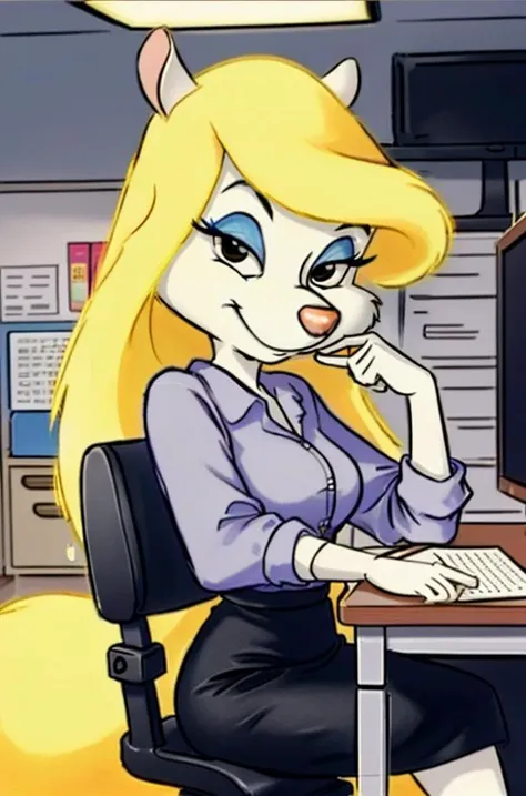 1girl, MinervaMinkCzar,(furry, furry female, full body), (animal ears, long tail, blonde tail, snout, swept bangs, long hair, blonde hair, makeup, black eyes, blue eyeshadow), (white blouse, button down shirt, pencil skirt, typing), (indoors, office, desk, office chair, computer, paperwork, pens), (masterpiece:1.2), hires, (detailed face:1.2), (detailed eyes:1.2), perfect skin, ultra-high resolution, 8K, high quality, (sharp focus:1.2), clean, crisp, cinematic, <lora:Minerva_Mink-v1:0.75>