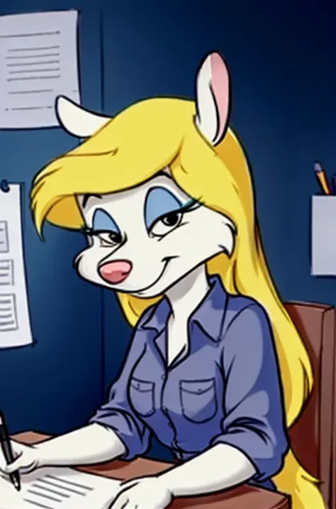 1girl, MinervaMinkCzar,(furry, furry female, full body), (animal ears, long tail, blonde tail, snout, swept bangs, long hair, blonde hair, makeup, black eyes, blue eyeshadow), (white blouse, button down shirt, pencil skirt, typing), (indoors, office, desk, office chair, computer, paperwork, pens), (masterpiece:1.2), hires, (detailed face:1.2), (detailed eyes:1.2), perfect skin, ultra-high resolution, 8K, high quality, (sharp focus:1.2), clean, crisp, cinematic, <lora:Minerva_Mink-v1:0.75>