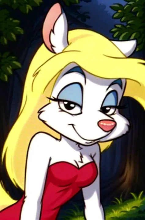 1girl, MinervaMinkCzar,(furry, furry female, full body), (animal ears, long tail, blonde tail, snout, swept bangs, blonde hair, makeup, black eyes, blue eyeshadow), (red dress, standing, seductive), (outdoors, forest background), (masterpiece:1.2), hires, (detailed face:1.2), (detailed eyes:1.2), perfect skin, ultra-high resolution, 8K, high quality, (sharp focus:1.2), clean, crisp, cinematic, 
