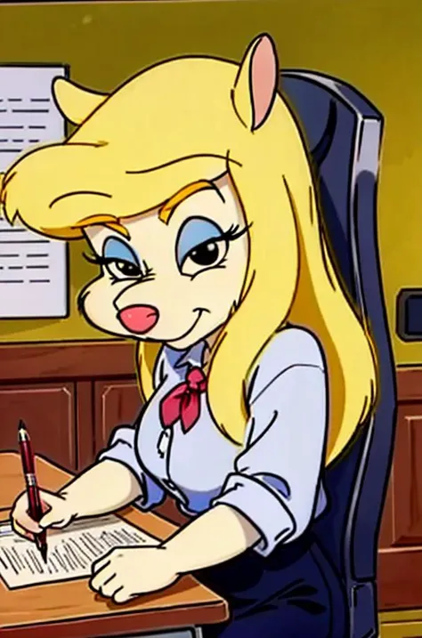 1girl, MinervaMinkCzar,(furry, furry female, full body), (animal ears, long tail, blonde tail, snout, swept bangs, long hair, blonde hair, makeup, black eyes, blue eyeshadow), (white blouse, button down shirt, pencil skirt, typing), (indoors, office, desk, office chair, computer, paperwork, pens), (masterpiece:1.2), hires, (detailed face:1.2), (detailed eyes:1.2), perfect skin, ultra-high resolution, 8K, high quality, (sharp focus:1.2), clean, crisp, cinematic, <lora:Minerva_Mink-v1:0.75>