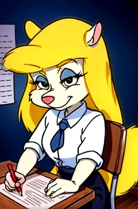 1girl, MinervaMinkCzar,(furry, furry female, full body), (animal ears, long tail, blonde tail, snout, swept bangs, long hair, blonde hair, makeup, black eyes, blue eyeshadow), (white blouse, button down shirt, pencil skirt, typing), (indoors, office, desk, office chair, computer, paperwork, pens), (masterpiece:1.2), hires, (detailed face:1.2), (detailed eyes:1.2), perfect skin, ultra-high resolution, 8K, high quality, (sharp focus:1.2), clean, crisp, cinematic, <lora:Minerva_Mink-v1:0.75>