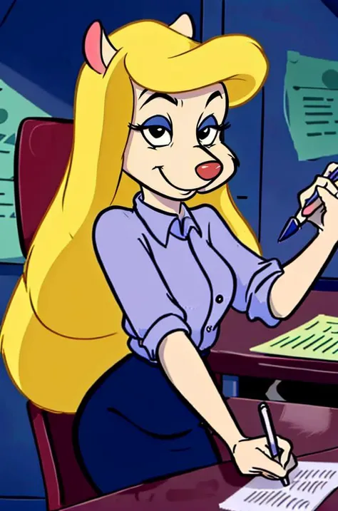 1girl, MinervaMinkCzar,(furry, furry female, full body), (animal ears, long tail, blonde tail, snout, swept bangs, long hair, blonde hair, makeup, black eyes, blue eyeshadow), (white blouse, button down shirt, pencil skirt, typing), (indoors, office, desk, office chair, computer, paperwork, pens), (masterpiece:1.2), hires, (detailed face:1.2), (detailed eyes:1.2), perfect skin, ultra-high resolution, 8K, high quality, (sharp focus:1.2), clean, crisp, cinematic, <lora:Minerva_Mink-v1:0.75>