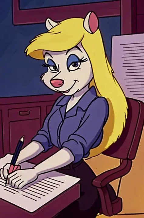 1girl, MinervaMinkCzar,(furry, furry female, full body), (animal ears, long tail, blonde tail, snout, swept bangs, long hair, blonde hair, makeup, black eyes, blue eyeshadow), (white blouse, button down shirt, pencil skirt, typing), (indoors, office, desk, office chair, computer, paperwork, pens), (masterpiece:1.2), hires, (detailed face:1.2), (detailed eyes:1.2), perfect skin, ultra-high resolution, 8K, high quality, (sharp focus:1.2), clean, crisp, cinematic, <lora:Minerva_Mink-v1:0.75>