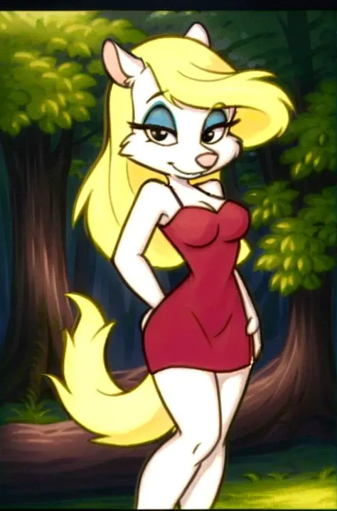 1girl, MinervaMinkCzar,(furry, furry female, (((full body)))), (animal ears, long tail, blonde tail, snout, swept bangs, blonde hair, makeup, black eyes, blue eyeshadow), (red dress, standing, seductive), (outdoors, forest background), (masterpiece:1.2), hires, (detailed face:1.2), (detailed eyes:1.2), perfect skin, ultra-high resolution, 8K, high quality, Legs, feet, toes, (sharp focus:1.2), clean, crisp, cinematic, <lora:Minerva_Mink:1>