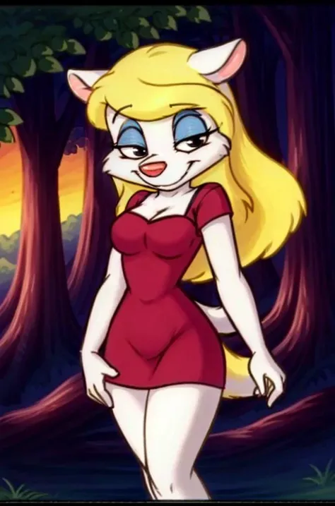 1girl, MinervaMinkCzar,(furry, furry female, full body), (animal ears, long tail, blonde tail, snout, swept bangs, blonde hair, makeup, black eyes, blue eyeshadow), (red dress, standing, seductive), (outdoors, forest background), (masterpiece:1.2), hires, (detailed face:1.2), (detailed eyes:1.2), perfect skin, ultra-high resolution, 8K, high quality, (sharp focus:1.2), clean, crisp, cinematic, <lora:Minerva_Mink-34:0.75>