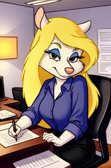 1girl, MinervaMinkCzar,(furry, furry female, full body), (animal ears, long tail, blonde tail, snout, swept bangs, long hair, blonde hair, makeup, black eyes, blue eyeshadow), (white blouse, button down shirt, pencil skirt, typing), (indoors, office, desk, office chair, computer, paperwork, pens), (masterpiece:1.2), hires, (detailed face:1.2), (detailed eyes:1.2), perfect skin, ultra-high resolution, 8K, high quality, (sharp focus:1.2), clean, crisp, cinematic, <lora:Minerva_Mink-v1:0.75>