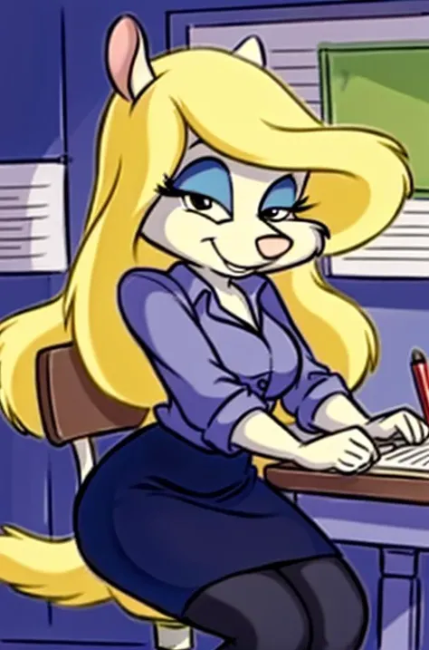 1girl, MinervaMinkCzar,(furry, furry female, full body), (animal ears, long tail, blonde tail, snout, swept bangs, long hair, blonde hair, makeup, black eyes, blue eyeshadow), (white blouse, button down shirt, pencil skirt, typing), (indoors, office, desk, office chair, computer, paperwork, pens), (masterpiece:1.2), hires, (detailed face:1.2), (detailed eyes:1.2), perfect skin, ultra-high resolution, 8K, high quality, (sharp focus:1.2), clean, crisp, cinematic, <lora:Minerva_Mink-v1:0.75>
