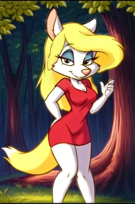 1girl, MinervaMinkCzar,(furry, furry female, full body), (animal ears, long tail, blonde tail, snout, swept bangs, blonde hair, makeup, black eyes, blue eyeshadow), (red dress, standing, seductive), (outdoors, forest background), (masterpiece:1.2), hires, (detailed face:1.2), (detailed eyes:1.2), perfect skin, ultra-high resolution, 8K, high quality, (sharp focus:1.2), clean, crisp, cinematic, <lora:Minerva_Mink-34:0.75>