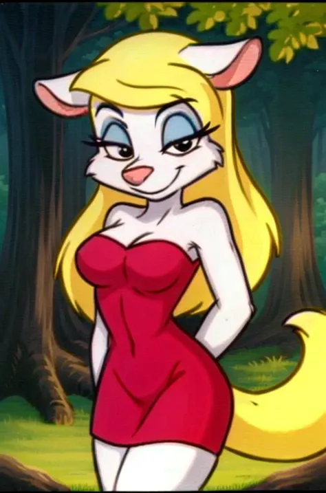 1girl, MinervaMinkCzar,(furry, furry female, full body), (animal ears, long tail, blonde tail, snout, swept bangs, blonde hair, makeup, black eyes, blue eyeshadow), (red dress, standing, seductive), (outdoors, forest background), (masterpiece:1.2), hires, (detailed face:1.2), (detailed eyes:1.2), perfect skin, ultra-high resolution, 8K, high quality, (sharp focus:1.2), clean, crisp, cinematic, <lora:Minerva_Mink-34:0.75>