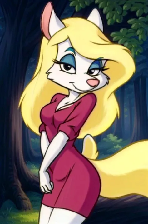 1girl, MinervaMinkCzar,(furry, furry female, full body), (animal ears, long tail, blonde tail, snout, swept bangs, blonde hair, makeup, black eyes, blue eyeshadow), (red dress, standing, seductive), (outdoors, forest background), (masterpiece:1.2), hires, (detailed face:1.2), (detailed eyes:1.2), perfect skin, ultra-high resolution, 8K, high quality, (sharp focus:1.2), clean, crisp, cinematic, <lora:Minerva_Mink-34:0.75>
