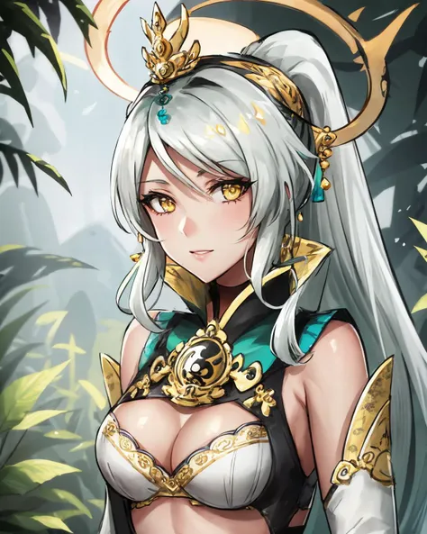 best quality, (masterpiece:1.2), illustration, absurdres,
(1girl, solo), (beautiful detailed girl),
<lora:Nuwa-08:0.85>, Nuwa, white hair, halo, green headdress, hair ornament, jewelry, yellow eyes, medium breasts,
cleavage, elbow glowes, white thighhighs, white high heels, yin yang pattern, green skirt, midriff, navel,
in bamboo forest, chinese architecture, stream,
looking at viewer,confident, proud, (angry:0.7),
(upper body, portrait),, sitting
