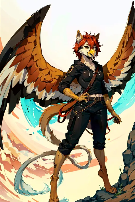 anthro, griffin, griffin tail, (beak), (detailed griffin face), (female, medium breasts), brown body, wings, beak, (sfw), fully body, clothed