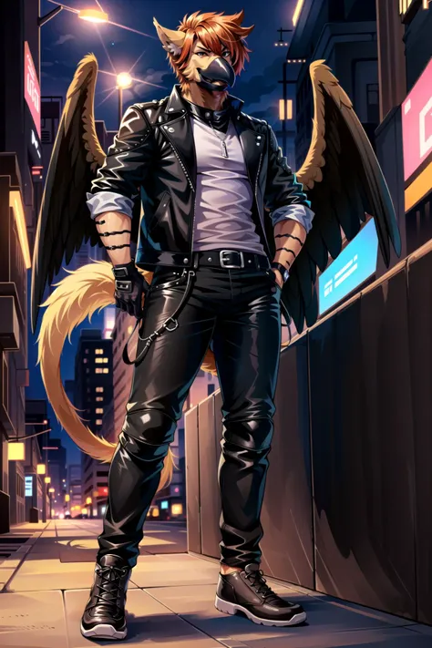 anthro, griffin, male, griffin tail, (beak), (detailed griffin face), wings, beak, sfw, male, short hair, standing, masculine pose, masterpiece countershading, digital art, realistic shading, smooth shading, detailed eyes, colorful style, feathered body, brown body, white head, leather jacket, biker pants, white shirt, city at (night), cyberpunk style, synthwave, tail feathers