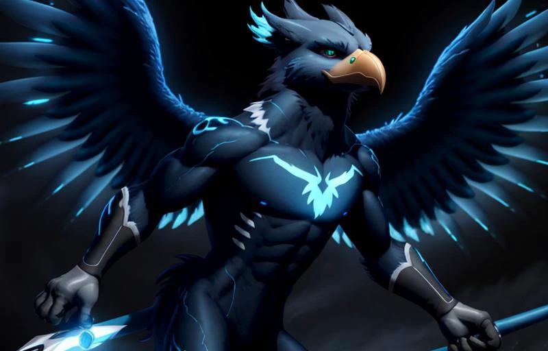 ((anthro)), griffin paws, wings:1.2, detailed face <lyco:anthroGriffinLora_v2:.6> (Style-TronLegacy-12v-v2:.08), glowing blue beak, dynamic pose