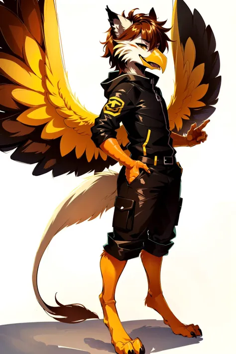 anthro, griffin, griffin tail, (beak), (detailed griffin face), (male), brown body, wings, beak, (sfw), fully body, clothed