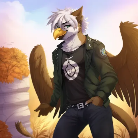 ((anthro)), gryphon, avian, wings, beak, sfw, male, fluffy hair, masterpiece countershading, digital art, realistic shading, smooth shading, detailed eyes, colorful style, feathered body, happy, open beak, feather hair, griffin paws, griffin tail, brown body, white head, green jacket, white shirt, jeans