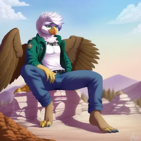 ((anthro)), gryphon, avian, wings, beak, sfw, male, fluffy hair, masterpiece countershading, digital art, realistic shading, smooth shading, detailed eyes, colorful style, feathered body, ((medium sized beak)), happy, open beak, feather hair, leg focus, feet, talons, paw pads, brown body, white head, green jacket, white shirt, jeans