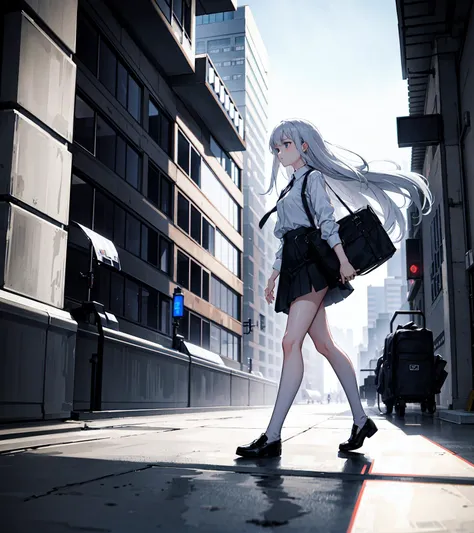 silver hair, semi long hair, bangs, blue eyes, 1girl, side view, black skirt, white shirts, walking, night, city, abandoned building, side bag