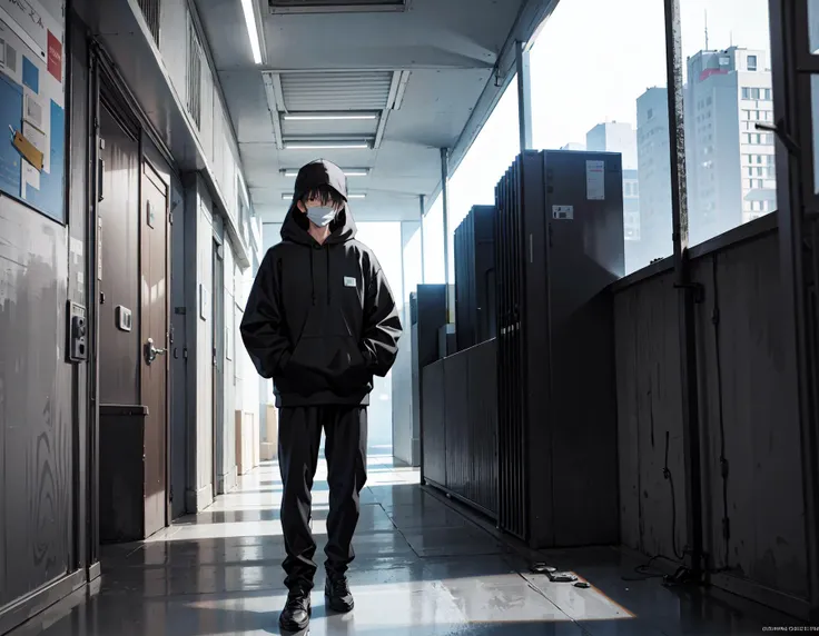 1man, black hoodie, black pants, abandoned building, mysterious man, Criminal