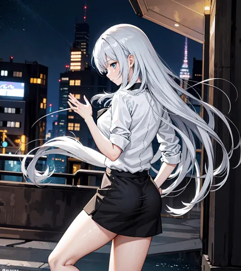 silver hair, semi long hair, bangs, blue eyes, 1girl, side view, city, night, back street, black suit, black skirt, white shirts