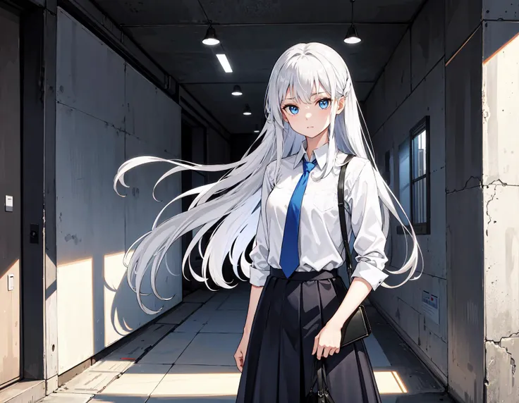 silver hair, long hair, blue eyes, white shirts, blue necktie, black skirt, side bag, abandoned building