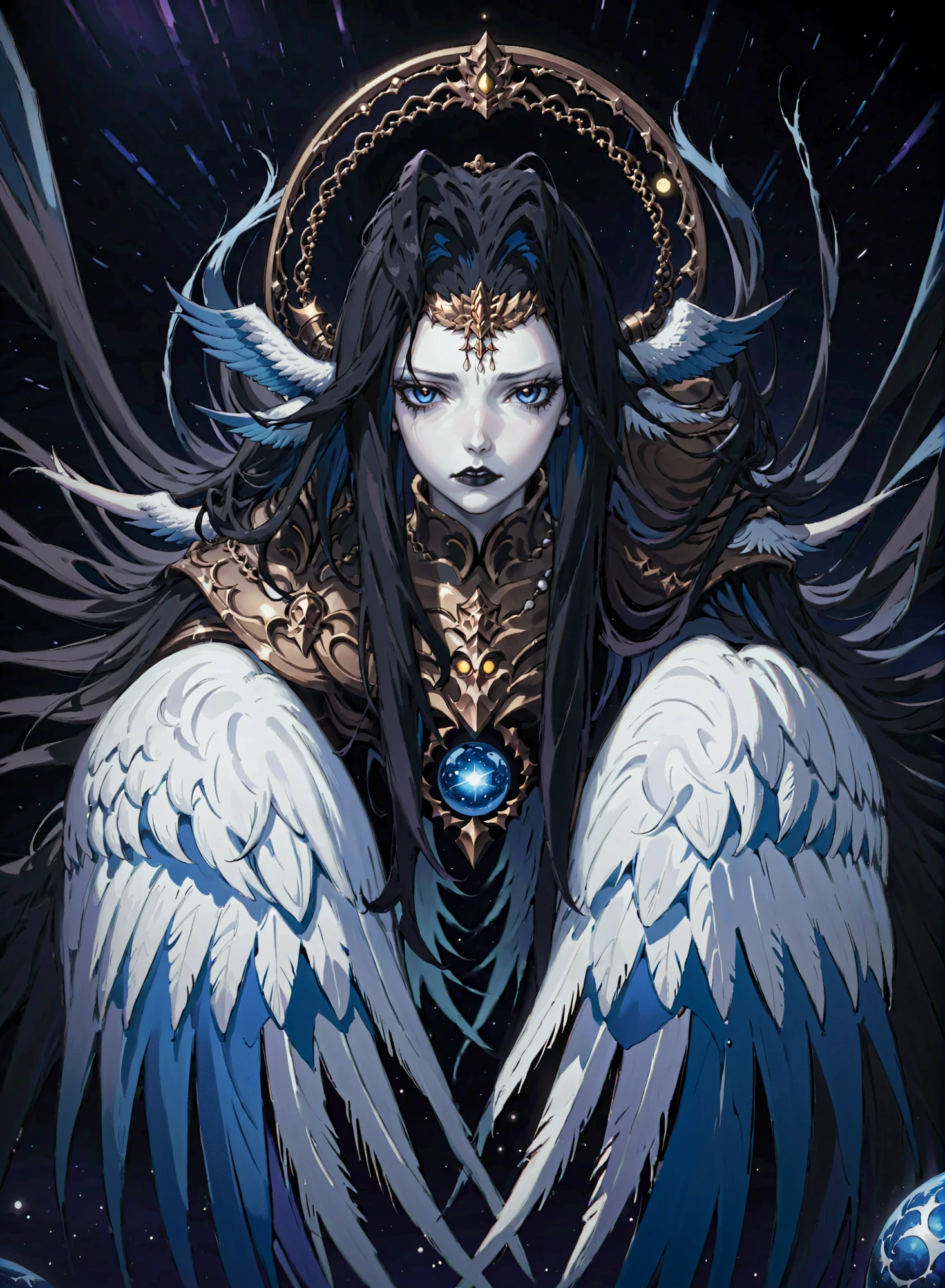 1girl, solo, armor, male focus, black hair, black lips, blue skin, endsinger, fantasy, head wings, long hair, looking at viewer, night, night sky, orb, pale skin, pointy ears, wings, <lora:EndSinger:0.8>