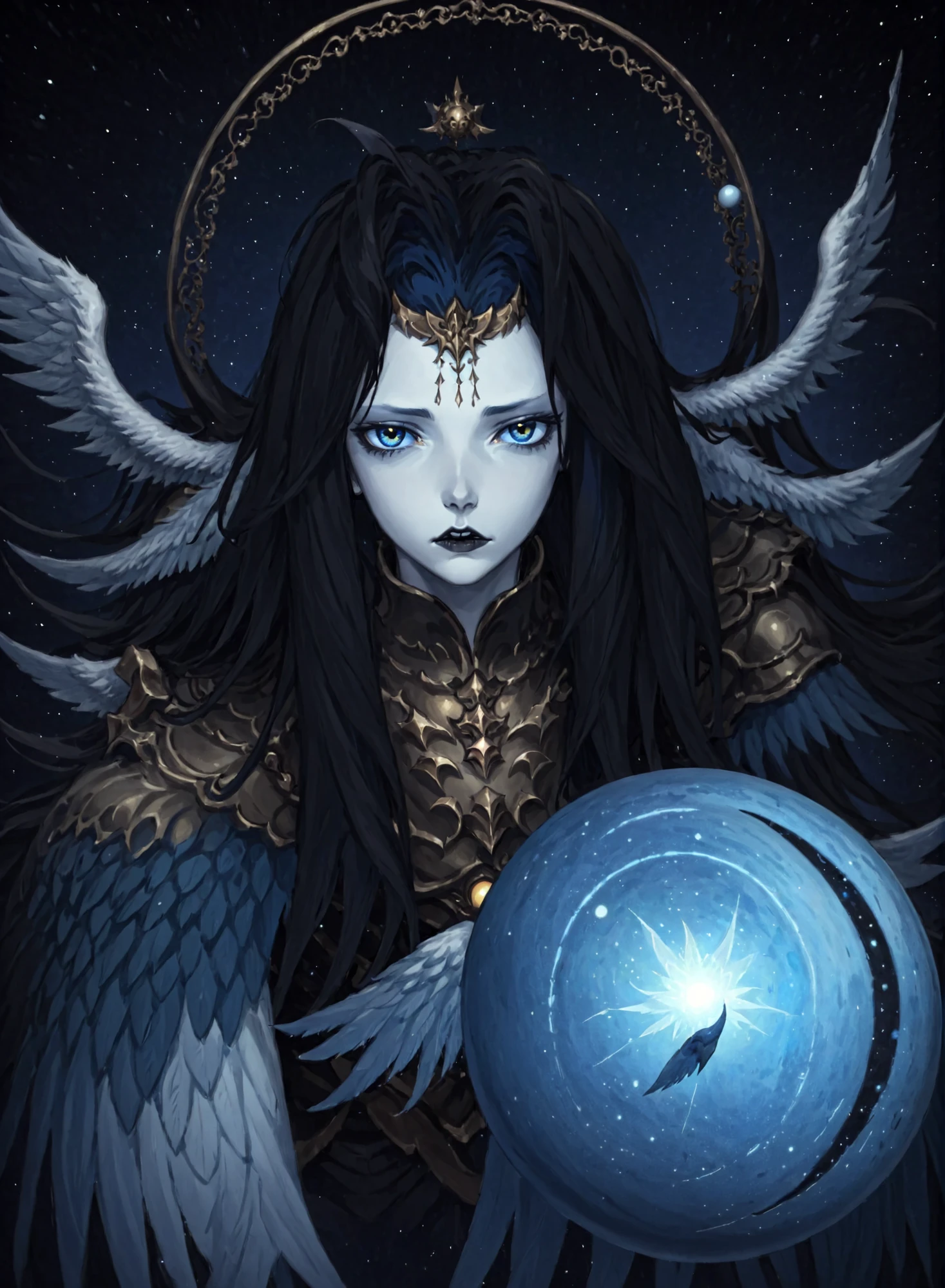 1girl, solo, armor, male focus, black hair, black lips, blue skin, endsinger, fantasy, head wings, long hair, looking at viewer, night, night sky, orb, pale skin, pointy ears, wings, <lora:EndSinger:0.8>