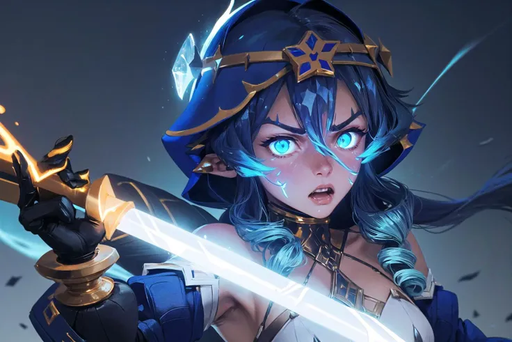 <lora:EnergyVeins:0.7> (EnergyVeins:1.4), glowing, (blue glow:1.2),(detailed face and eyes:1.3),upper body, (incoming attack:1.3), (blue eyes:1.2),
<lora:layla1:1>, layladef,(angry:1.2),(clenched teeth:1.3),holding sword, glowing sword, (blue sword:1.3),
Ultra-detail,(highres:1.1),best quality,(masterpiece:1.3),cinematic lighting,
(highly detailed teeth:1.2), (blue lighting:1.1)