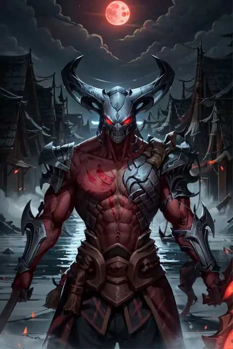 rhaast, monster, horns, red skin, glowing eyes, red eyes, armor, blood, solo, detailed face, looking at viewer, cowboy shot, upper body, outdoor, red moon, tower, (masterpiece:1.2, best quality)