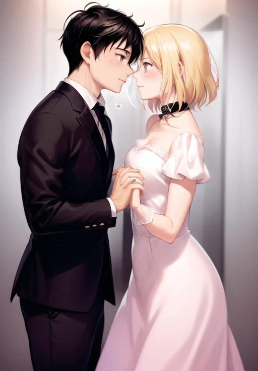 <lyco:eskimokiss-08:0.7> eskimokiss, blush, short hair, blonde hair, black hair, jewelry, male focus, heart, multiple boys, alternate costume, pants, 2boys, looking at another, feet out of frame, holding hands, formal, ring, suit, couple, yaoi, eye contact, dancing, black suit