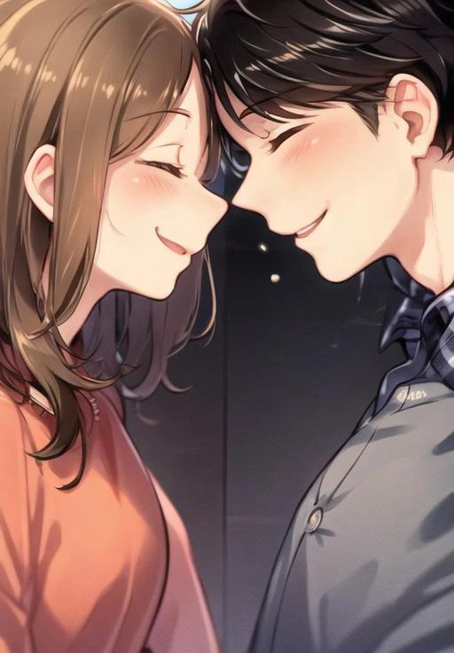 <lyco:eskimokiss-08:0.7> eskimokiss, 1girl, blush, smile, short hair, brown hair, shirt, black hair, 1boy, closed eyes, hetero, plaid, profile, happy, couple, face-to-face, heads together, forehead-to-forehead