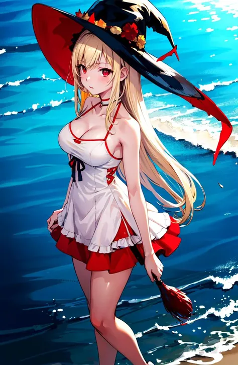 masterpiece, highest quality, subsurface scattering, chromatic lighting, colorized, yellow + red + blue + black + white limited color palette,
24yo 1girl, (medium soft breasts), focused, (long straight blonde hair), red eyes, (red A-line dress), slender body, red witch hat,
standing,
beach, sand, water
