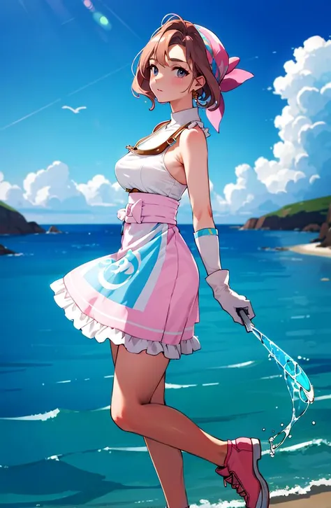 masterpiece, highest quality, subsurface scattering, chromatic lighting, colorized, yellow + pink + blue + white + brown + green limited color palette,
looking at viewer,
palina, bandana, short white dress, white gloves, apron, shoes, medium breast,
island, shore, water