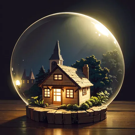 mini house, landscape, old fashion, nature, night light, a bubble, in the bubble, high detailed, masterpiece, best quality, <lora:Bubble_Sora:0.4>, (masterpiece,best quality:1.5)