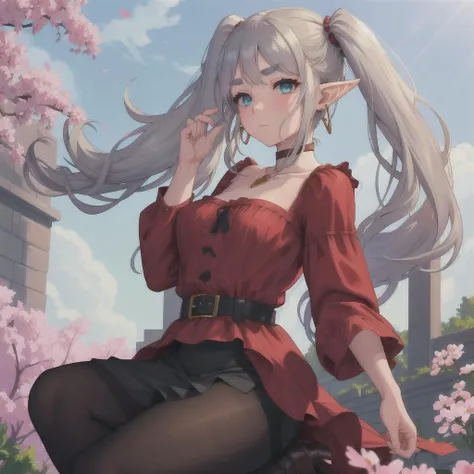 masterpiece,best quality,highres,ultra-detailed,1girl, grey_hair, twintails, elf, pointy_ears, long_hair, green_eyes, blue_eyes, small_breasts, earrings, red_earrings, grey_hair, twintails, elf, pointy_ears, long_hair, green_eyes, blue_eyes, small_breasts, pantyhose, black_pantyhose, boots, brown_footwear, shirt, earrings, red_earrings, dress, white_dress, belt thick eyebrows, closed mouth, expressionless, cowboy shot, field of wildflowers, close-up, colorfull