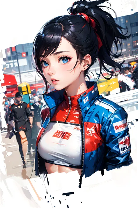 high quality, subsurface scattering, chromatic lighting,
colorized, red + white limited color palette,
detailed concept drawing,
Japan grand prix race girl, cyberpunk, futuristic,
portrait, 20yo 1girl, medium soft breasts, slender, crop top, jacket, combat-pants, oiled skin, long black hair, side pony,