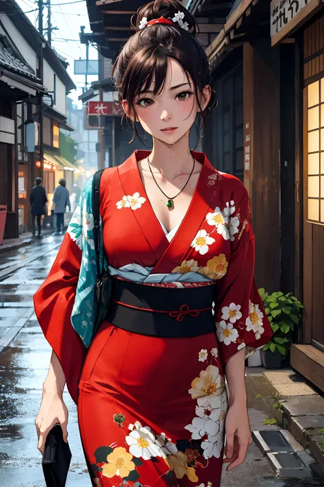 masterpiece, highest quality, realistic, subsurface scattering, chromatic lighting,
colorized, red + white + green + black limited color palette, detailed concept drawing, line-art, illustration,
fashion, print yukata,
18yo 1girl, medium soft breasts, slender, hair up,
shy, straight hair, necklace, skimpy, Japan, town, street, rain, wet,