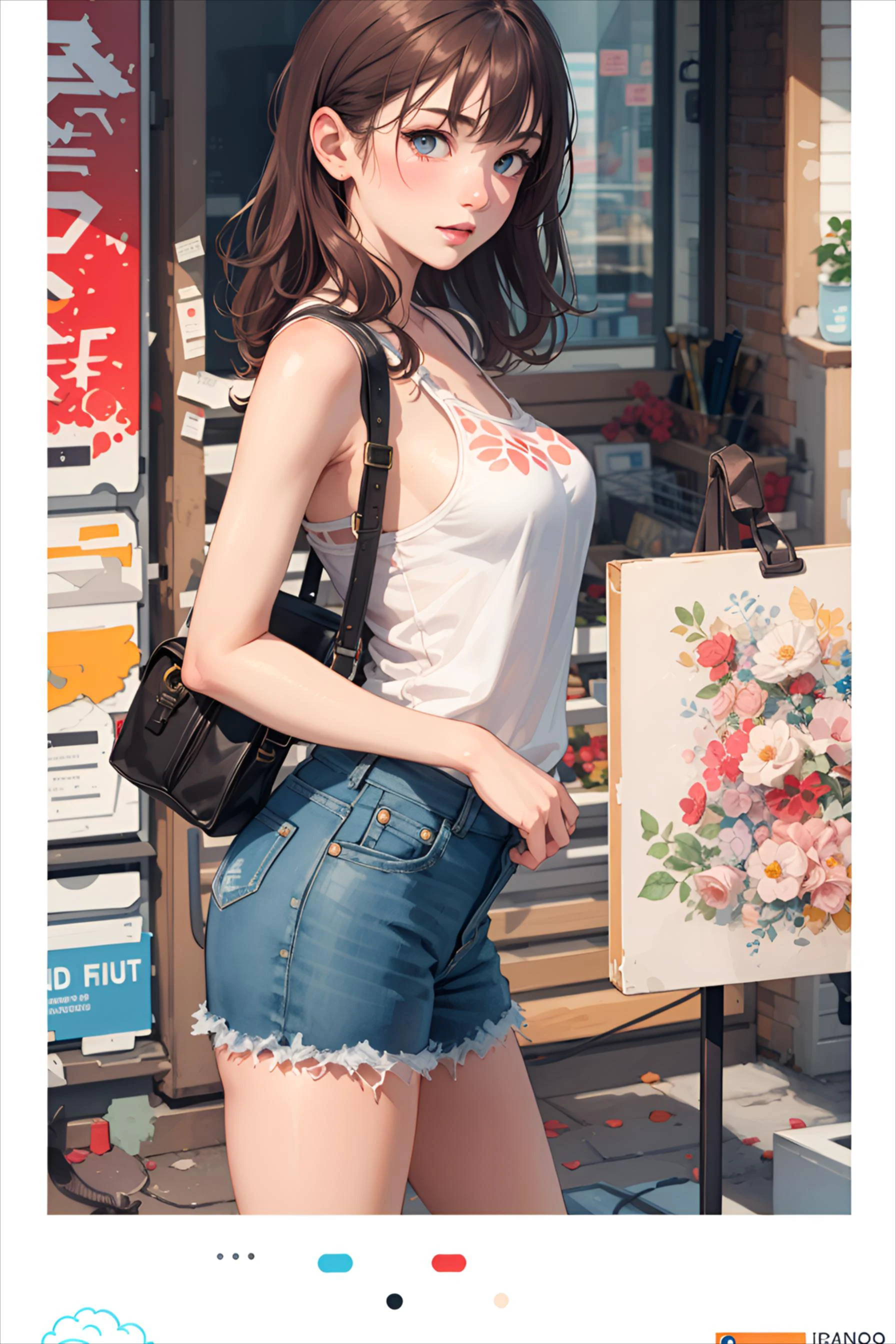 semi-realistic, 2.5D, detailed, flat colors only, illustration, line-art, watercolor, best quality,
detailed background, 18yo girl, medium breasts, euro_street, random_wear,
